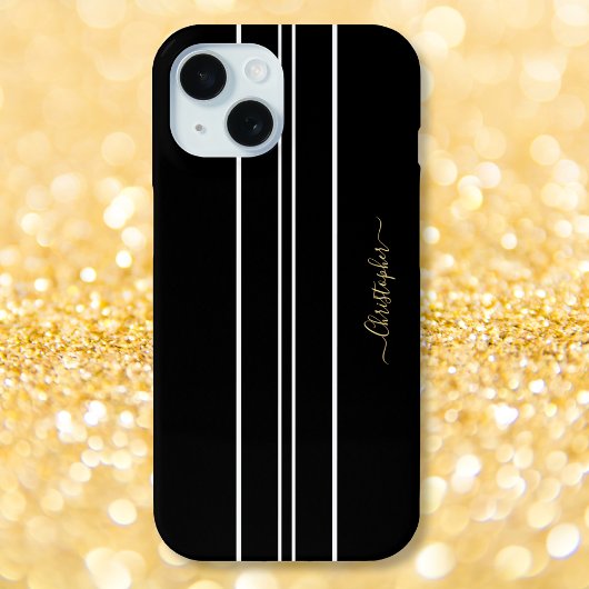 Coques Case-Mate iPhone Black White Racing Stripes Chic Gold Monogrammed