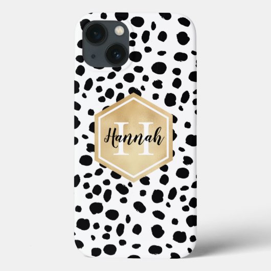 Coques Case-Mate iPhone Black White Spots Motif Gold Monogramme (Verso)