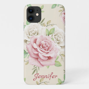 Case-Mate iPhone Case Blanc Chic Roses Roses Vertes Feuilles Floral