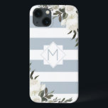 Case-Mate iPhone Case Blanc Floral Dusty Bleu rayé Monogramme encadré<br><div class="desc">Blanc Floral Dusty Bleu rayé Cadre Monogramme Design. Branché et élégant, ajoutez simplement votre lettre initiale personnalisée. Fait un cadeau moderne et classe pour elle, mamans, grand-mères, tantes, petites amies, et plus encore. Ce look féminin Elégant et girly associe des rayures horizontales bleu Dusty et blanches, avec des roses blanches...</div>