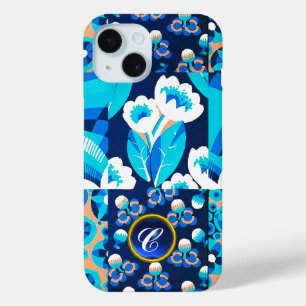 COQUE POUR iPhone 15 BLANC HAWAII FLEURS BLEUES BOULEVERS MONOGRAMME FL