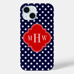 Coque Pour iPhone 15 Blanc Navy pois rouge quatrefeuille 3 monogramme