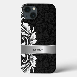 Etui iPhone 13 Blanche florale dentelle noire Damas Arrière - pla