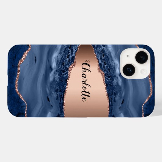 Coques Case-Mate iPhone Bleu agate marbre rose or nom script (Verso (horizontal))