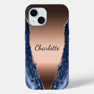 Coque Pour iPhone 15 Bleu agate marbre rose or nom script