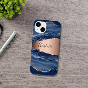 Coque Pour iPhone 14 Bleu agate marbre rose or nom script