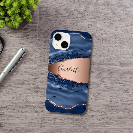 Coques Case-Mate iPhone Bleu agate marbre rose or nom script