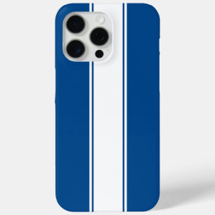 Coque iPhone 15 Pro Max Bleu avec bande de course blanche