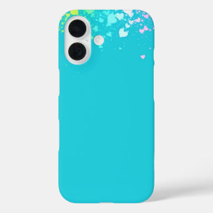 Coques iPhone 16 Bleu avec de petits cœurs arc-en-ciel