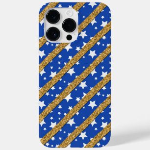COQUE POUR POUR iPhone 14 PRO MAX BLEU AVEC ÉTOILES BLANCHES ET STRIPES D'OR