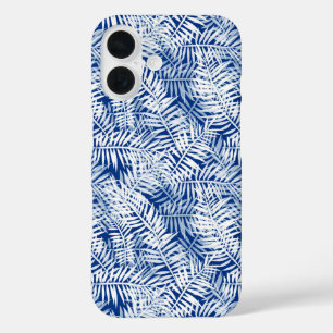 Coques iPhone 16 Bleu avec motif tropical blanc