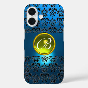 COQUES iPhone 16  BLEU BLACK DAMASK JAUNE GEM MONOGRAM