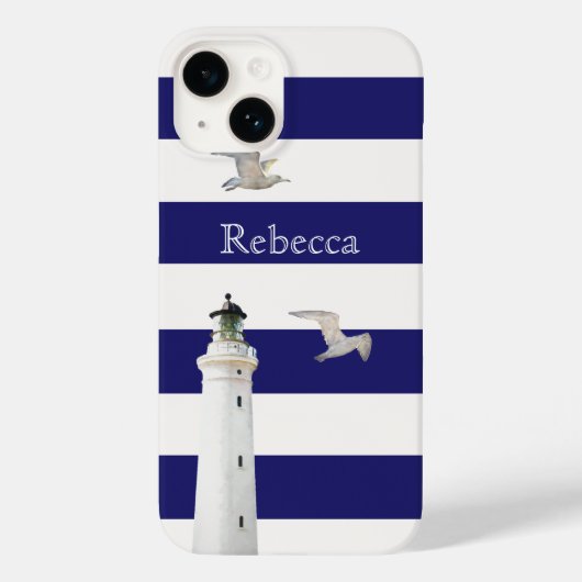 Coques Case-Mate iPhone Bleu blanc classique rayures nom du phare (Verso)
