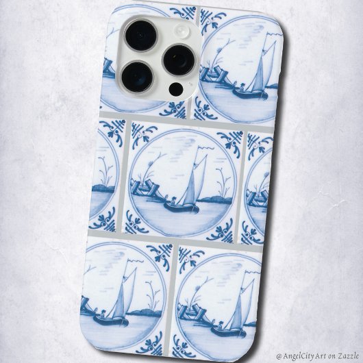 Coques Case-Mate iPhone Bleu Blanc Delft Bateaux à voile Faux Motif Carrel