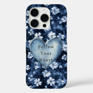 Coques iPhone 16 Pro Bleu Blanc Denim Flowers Coeur