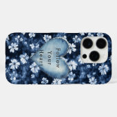 Coques Case-Mate iPhone Bleu Blanc Denim Flowers Coeur (Verso (horizontal))