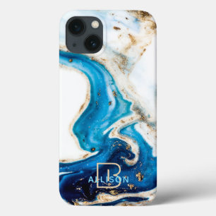 Case-Mate iPhone Case Bleu blanc marbre or Abstrait Art Monogramme