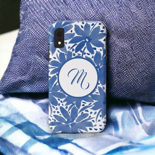 Coques Case-Mate iPhone Bleu Blanc Monogramme Design Floral