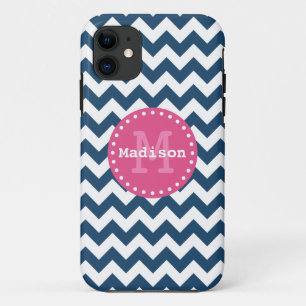 Coque iPhone 11 Bleu blanc rose Chevron Zigzag Monogramme