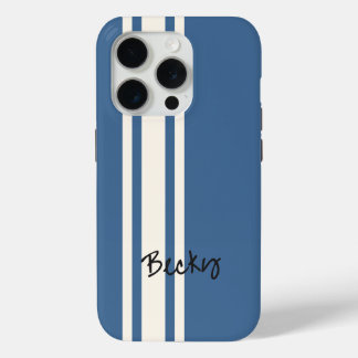 Coque iPhone 15 Pro Bleu Blanc Stripes de course Nom élégant