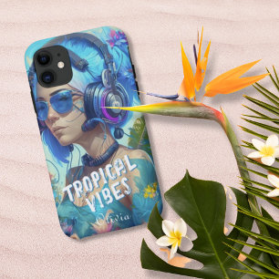Case-Mate iPhone Case Bleu Blanc Tropical Vibes Female DJ Illustration