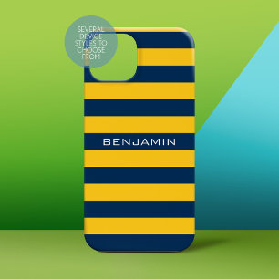 Coque Pour iPhone 15 Bleu bleu jaune Rugby rayures Nom personnalisé