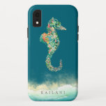 Case-Mate iPhone Case Bleu botanique d'hippocampe de plage élégante<br><div class="desc">Hippocampe botanique d'île tropicale élégante d'aquarelle avec l'accent de plage sablonneuse,  personnalisé avec le nom,  coque iphone de bleu d'océan profond.</div>