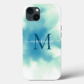 Coques Case-Mate iPhone Bleu Chic Aquarelle Abstrait Monogrammé (Verso)