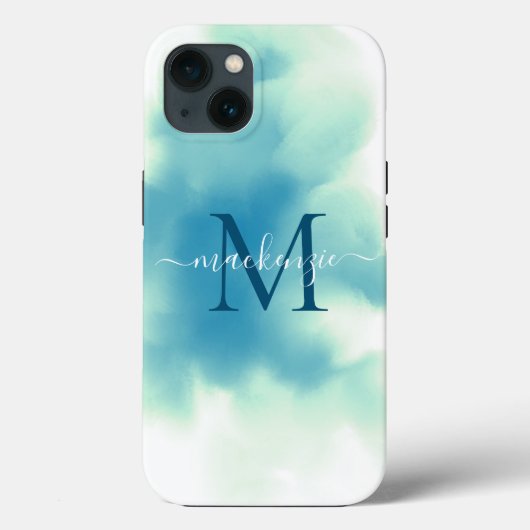 Coques Case-Mate iPhone Bleu Chic Aquarelle Abstrait Monogrammé (Verso)
