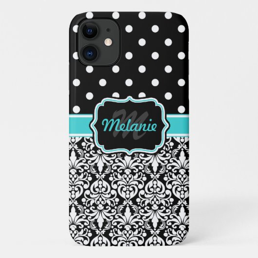 Coques Case-Mate iPhone Bleu clair Monogramme Damask Pois Motif (Dos)
