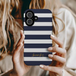 Coques iPhone 16 Bleu de marine et d'or Classic rayures Monogramme<br><div class="desc">Protégez votre téléphone avec style grâce à ce coque iphone rayé classique, doté d'un motif rayé intemporel et d'un nom ou d'un monogramme personnalisé pour une touche sophistiquée. Choisissez parmi une variété de couleurs et de polices pour correspondre à votre esthétique, que vous préfériez les tons audacieux, pastel ou neutres....</div>