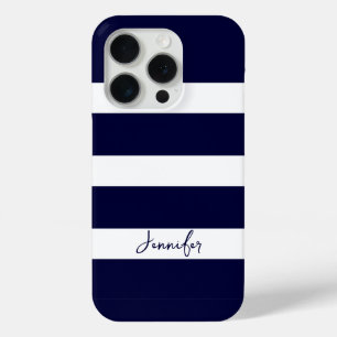 Coque iPhone 15 Pro Bleu de marine et rayures blanches