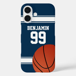 Coques iPhone 16 Bleu et blanc Stripes Basket Jersey