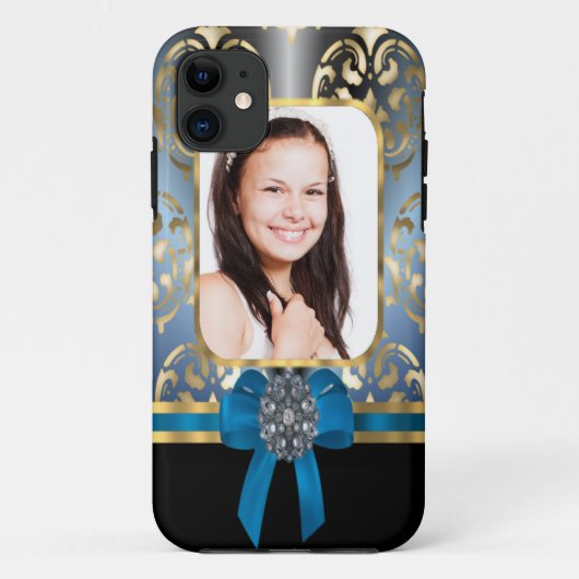Coques Case-Mate iPhone Bleu et or damassé (Dos)