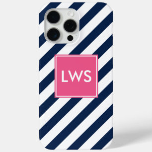 Coque iPhone 15 Pro Max Bleu et rose Diagonal Stripes Monogramme
