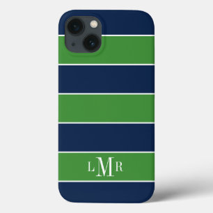 iPhone 13 Case Bleu et vert Rugby Stripes Monogramme