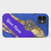 Coques Case-Mate iPhone Bleu floral damas & ruban doré (Dos (Horizontal))