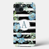 Coques Case-Mate iPhone Bleu floral rayé monogramme (Verso)