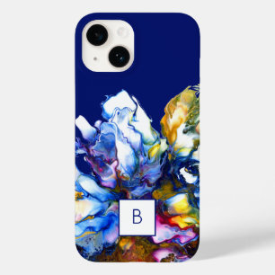 Coque Pour iPhone 14 Bleu foncé Abstrait Fluid Art Monogramme