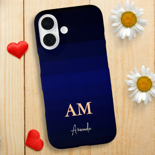 Coques iPhone 16 Bleu foncé Bleu Rayures de couleur avec Monogramme