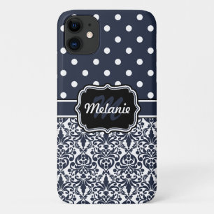Case-Mate iPhone Case Bleu foncé Monogramme Damas Pois Motif