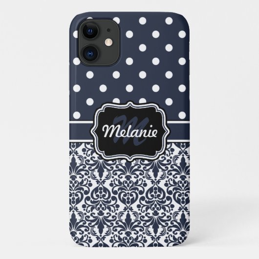 Coques Case-Mate iPhone Bleu foncé Monogramme Damas Pois Motif (Dos)