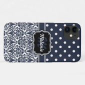 Coques Case-Mate iPhone Bleu foncé Monogramme Damas Pois Motif (Dos (Horizontal))
