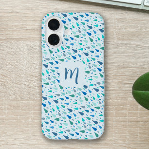 Coques iPhone 16 Bleu gouttes de pluie monogramme personnalisé