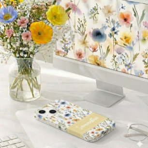 Coque Pour iPhone 14 Bleu Jaune Rose Nom de Fleur Sauvage à l'Aquarelle