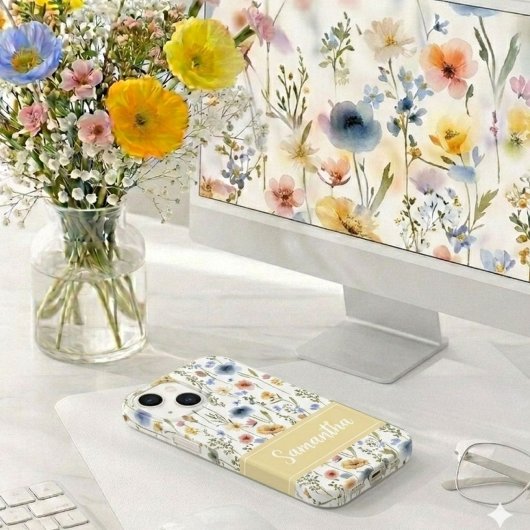 Coques Case-Mate iPhone Bleu Jaune Rose Nom de Fleur Sauvage à l'Aquarelle