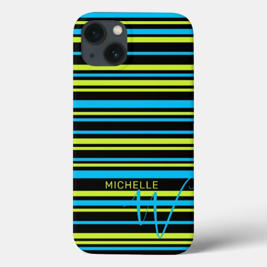 Coques Case-Mate iPhone Bleu Lime Vert Stripes Motif Monogramme (Verso)