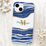 Coque Pour iPhone 14 Bleu Marbre Agate Or Parties scintillant Monogramm<br><div class="desc">Aquarelle bleu Indigo agate marbre design avec faux détail parties scintillant or. Changez le nom et le monogramme Initial pour customiser.</div>