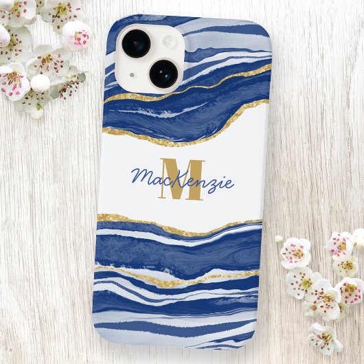 Coques Case-Mate iPhone Bleu Marbre Agate Or Parties scintillant Monogramm