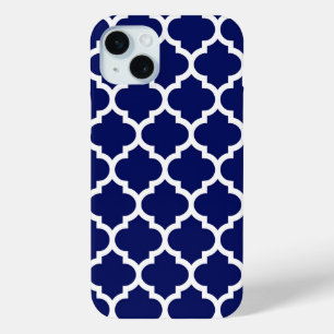 Coque iPhone 15 Mini Bleu marine blanc motif Quatrefoil marocain #5